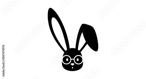 Black and white illustration of a rabbit head with glasses and long ears.