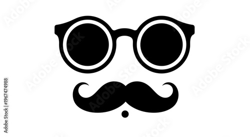 Black and white illustration of a mustache and glasses.