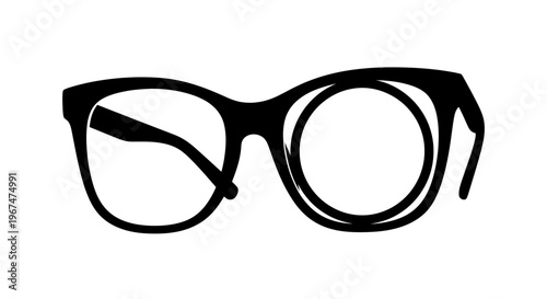 Black and white illustration of a pair of eyeglasses with one lens detached, symbolizing vision, clarity, and perception.
