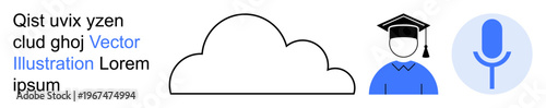 Cloud computing, digital learning, voice commands, tech innovation, e-learning, connectivity. Minimalist icons including a cloud, student with a cap and microphone. Cloud computing and digital
