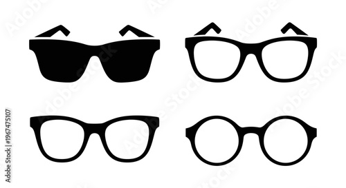 Collection of various eyeglasses and sunglasses in black and white.
