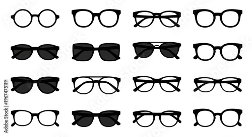 Collection of various eyeglasses and sunglasses in different styles.
