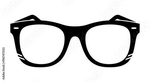 Black and white illustration of classic Wayfarer-style eyeglasses with clear lenses.