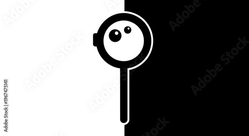 Black and white minimalist illustration of a magnifying glass with eyes, symbolizing search and discovery.