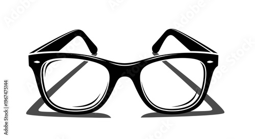 Classic black frame eyeglasses with clear lenses on a white background.