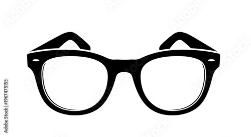 Classic black frame glasses with clear lenses on a white background.