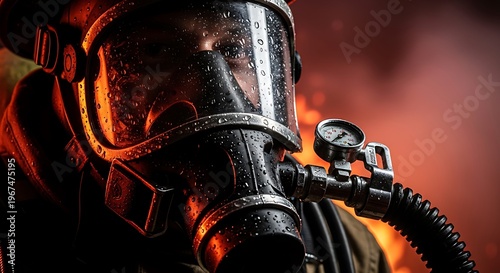 Close-up of a firefighter wearing a mask with water droplets in a fiery environment