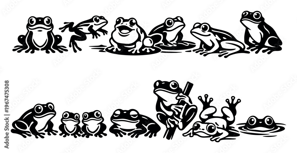 Obraz premium Frogs in a monochrome design featuring a diverse group of amphibians, including a smiling frog, on white background