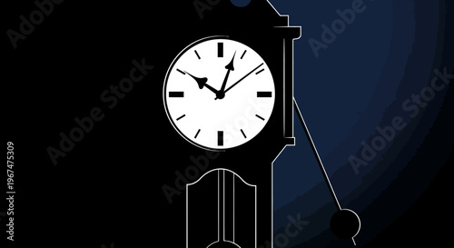 Grandfather clock with white face and dark background, showing the passage of time.