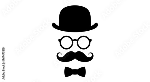 Gentlemans Accessories Silhouette with Hat Glasses Moustache Bow Tie.
