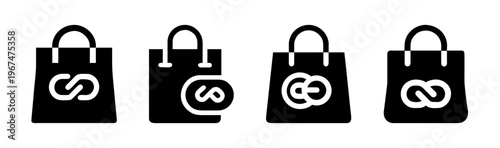 Minimalist shopping bag icons with infinity loop logo, black vector retail silhouettes, set of 4 e-commerce store symbols for sustainable fashion