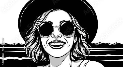 Happy woman in sunglasses and hat smiling broadly.