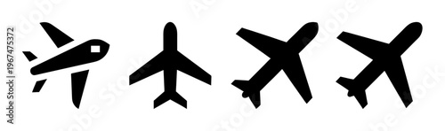 Set of black silhouette icons representing airplanes in various views.