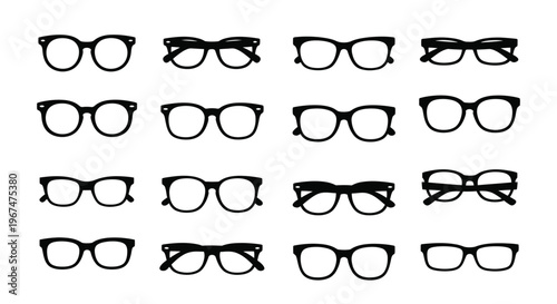 Collection of various stylish eyeglasses and spectacles in black and white.