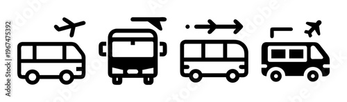 Collection of four icons showing airport shuttle and hotel transfer buses with airplanes.