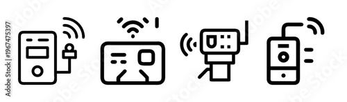 Contactless payment icons set, RFID credit card and NFC terminal symbols, wireless transaction technology vector illustrations