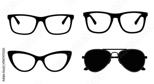 Collection of various stylish eyeglasses and sunglasses silhouettes.