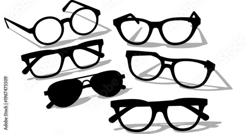 Collection of various stylish eyeglasses and sunglasses in black silhouettes, showcasing different frame shapes and designs on a white background.