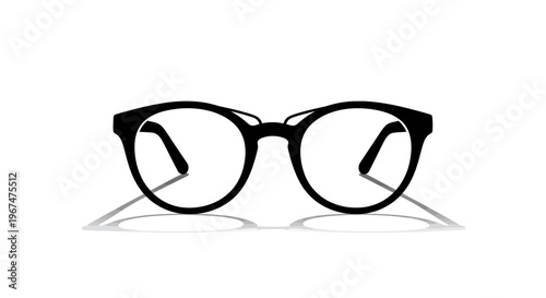 Stylish black frame eyeglasses with clear lenses casting a shadow on a pristine white background.