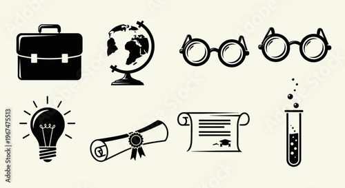 Collection of academic and scientific icons representing education and discovery.