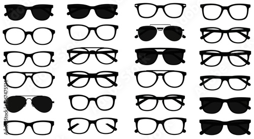 Collection of various stylish eyeglasses and sunglasses silhouettes.