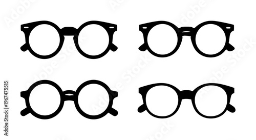 Collection of classic black-rimmed eyeglasses with clear lenses, presented in a simple and clean vector illustration style.