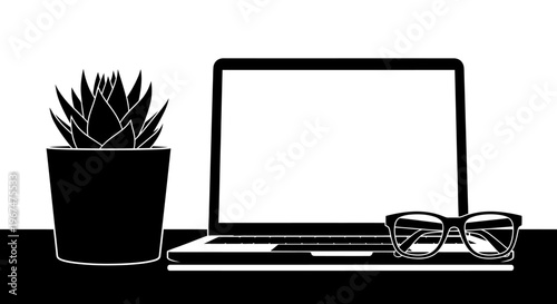 Minimalist Workspace with Laptop, Plant, and Glasses.