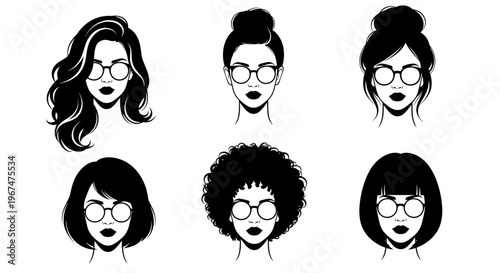 Collection of diverse womens faces with various hairstyles and glasses, black and white vector illustration.