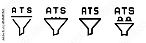 Applicant Tracking System ATS icons with candidate filtering through a funnel, outline style.