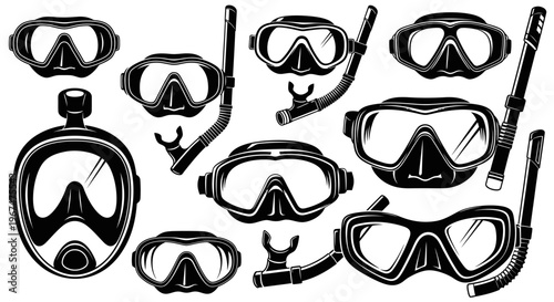 Collection of diving masks and snorkels for underwater exploration.