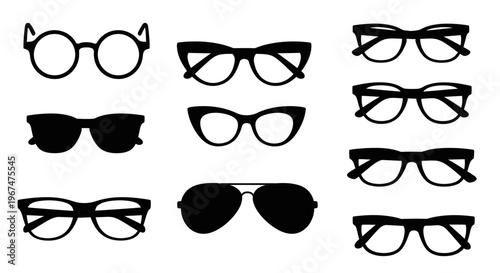 Collection of various stylish eyeglasses and sunglasses silhouettes.