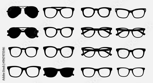 Collection of various stylish eyeglasses and sunglasses silhouettes.