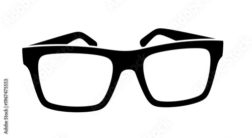 Black frame glasses with clear lenses on white background.