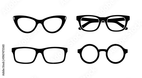Collection of four distinct black silhouette eyeglasses frames on a white background.