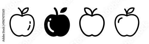 Collection of apple icons, including solid and outline styles, representing fresh fruit.
