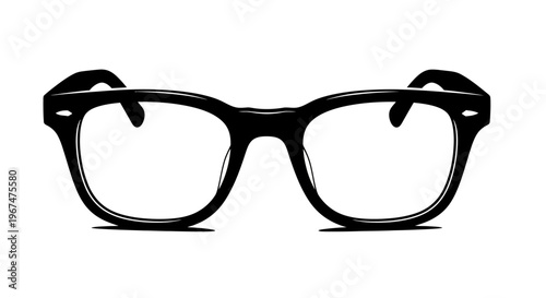 Black framed glasses with clear lenses on a white background.