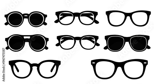 Collection of various stylish eyeglasses and sunglasses silhouettes.