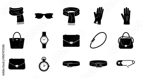 Collection of elegant fashion accessories in black silhouette icons set.