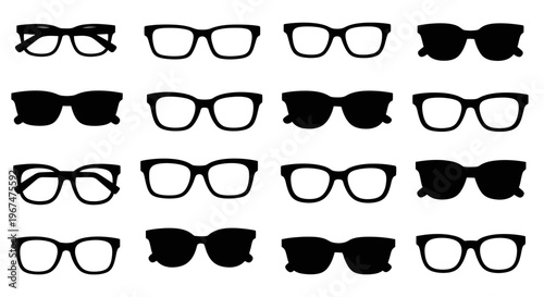 Collection of various stylish eyeglasses and sunglasses silhouettes.