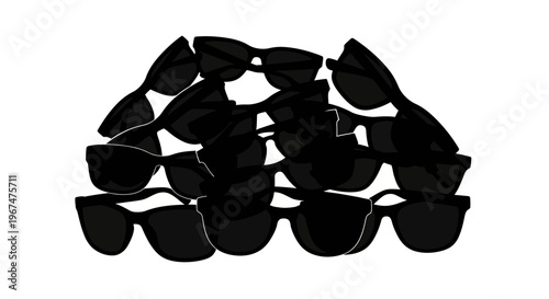Pile of black sunglasses on a white background.