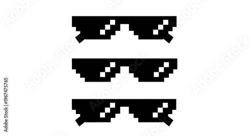 Pixelated Sunglasses Set - Three Black Thug Life Glasses on White Background.