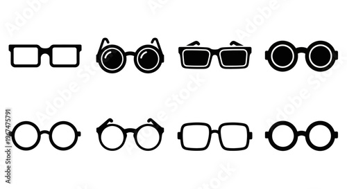 Collection of various black and white glasses and spectacles.