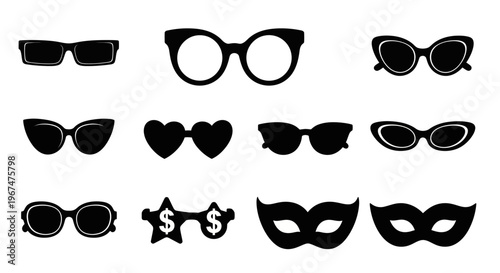Collection of various stylish sunglasses and masquerade masks.