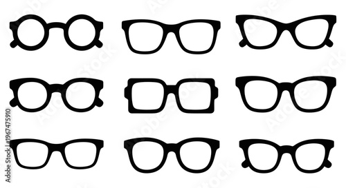 Collection of various black silhouette eyeglasses and spectacles on white background.