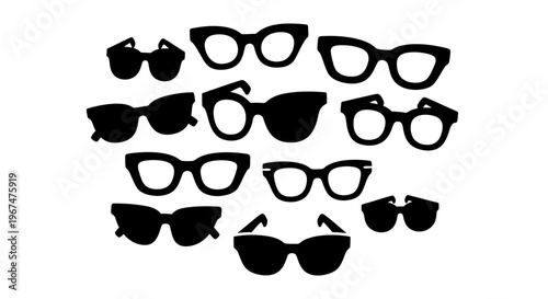 Collection of various black silhouette eyeglasses and sunglasses on a white background.