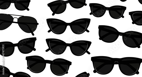 Seamless pattern with various black sunglasses on a white background.