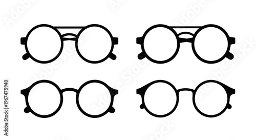 Set of four round glasses with different frame styles.