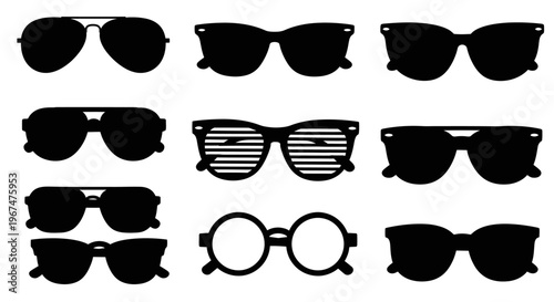 Collection of various stylish sunglasses silhouettes for fashion and accessory designs.