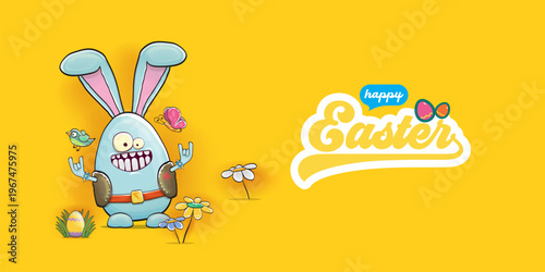 Happy Easter banner with funny rocker bunny character. Blue egg-shaped rabbit showing rock hand sign on yellow background. Creative easter spring holiday header with eggs, flowers and butterfly.