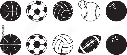 Assortment of sports balls like soccer basketball volleyball and baseball.